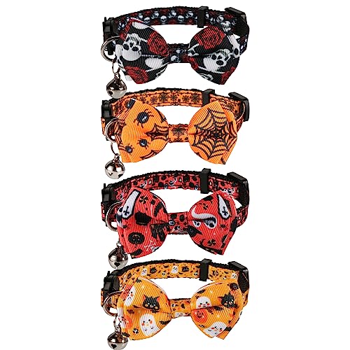 4 Stück Halloween-Katzenhalsband, Verstellbar Hundehalsband mit Schleife Bedrucktes Kürbisspinnen-Geisterskelett Katzenhalsband mit Glöckchen Süßes Halsband für Kätzchen Welpen 4 Stück Halloween-Katzenhalsband, Verstellbar Hundehalsband mit Schleife Bedrucktes Kürbisspinnen-Geisterskelett Katzenhalsband mit Glöckchen Süßes Halsband für Kätzchen Welpen von PEUTIER