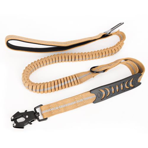 PEUTIER Hundeleine Bungee, 114cm Elastische Taktische Hundeleine mit Karabinerhaken und Gepolstertem Griff mit Autosicherheitsgurt für Das Gassigehen mit Verschiedenen Hunden (Khaki) von PEUTIER