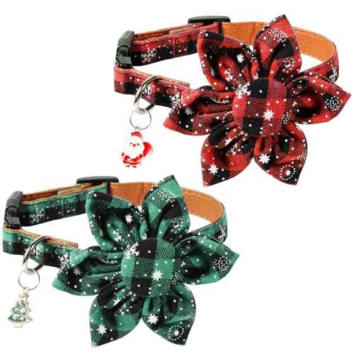 2stk Weihnachten Hundehalsband mit Blume, Verstellbar Kariertes Hundehalsband Abnehmbar Feiertags Hundehalsbänder mit Anhänger Schneeflocke Haustier Halsbänder für Hund und Katze (Klein) von PEUTIER