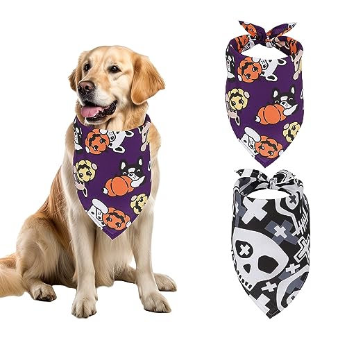 PEUTIER Halloween Hundehalstücher, 2x 65x45cm Dreieckige Hund Bandana, Verstellbar für Kleine bis Große Hunde, Halloween-Hundekostüme (Totenkopf, Hundekopf) von PEUTIER