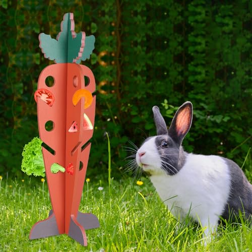 PEUTIER Kaninchen Spielzeug, Futterspender Kaninchen Holz Karotte mit Löchern Rillen für Gemüse Obst, Interaktives Futtersuchspielzeug Häschen Heu Futterspender für Hamster, Kleine Haustiere von PEUTIER