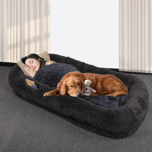 PEUTIER Menschliches Hundebett, 185x120x30cm Menschliches Hundebett für Große Hunde Menschliches Hundebett Faltbares Menschliches Hundebett für Erwachsene mit Decke, Gurt und Kissen (Dunkelgrau) von PEUTIER