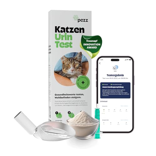 PEZZ Digitaler Urintest Kit für Katzen inkl. gratis App-Auswertung durch Experten, mit Nicht-saugendem Spezialstreu (Sand) für einfaches Urinsammeln sowie Teststreifen speziell für Katzen von PEZZ