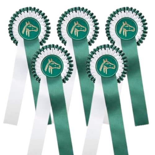 PFIFF 102591 Turnierschleifen Set mit 5 grünen Schleifen, Zweifachrosette, Preisschleifen in grün mit Pferdekopf Motiv von PFIFF