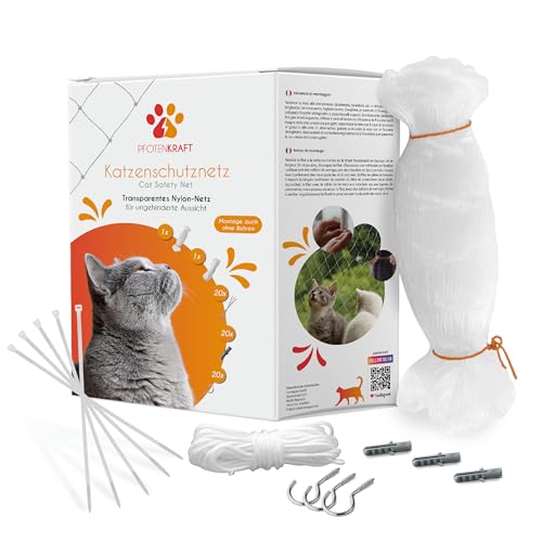 NEEZ Cat Net for Balcony and Window. Transparent Protective Net Including Attachment Set. Attachment of Cat Protection Net for Balcony without Drilling, 3 x 6metres von PFOTENKRAFT