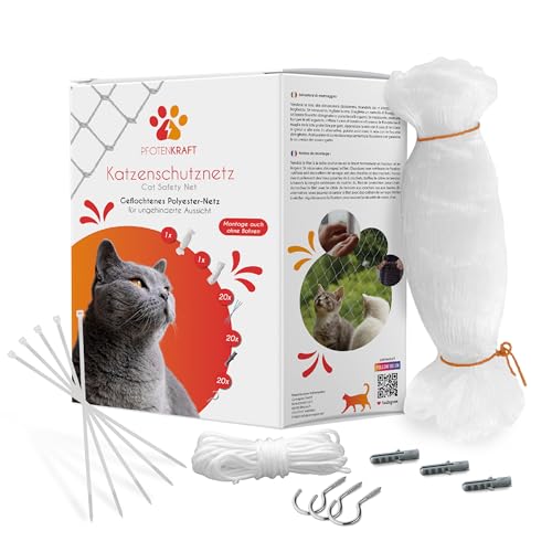 PFOTENKRAFT Premium Katzennetz aus Polyester für Balkon & Fenster ohne Bohren 3 x 10m - großes Balkonnetz transparent, reißfest & wetterfest - Katzenschutznetz Fenster - inkl. Befestigungsmaterial von PFOTENKRAFT