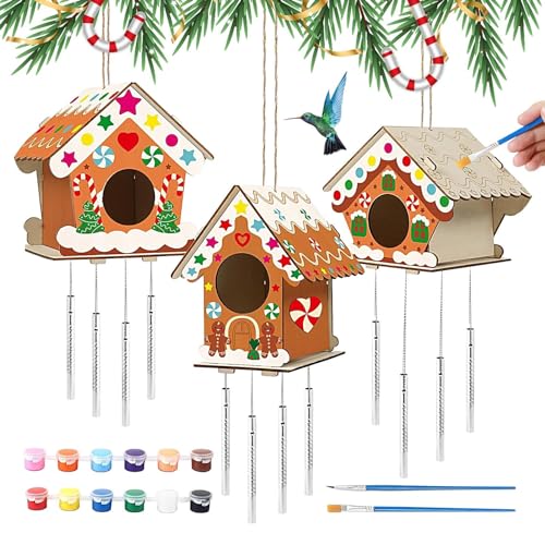 PHASZ DIY Vogelhaus Kit - Vogelnest Windspiele - 12 Farben, 2 Pinsel, 2 Schnur, 3 Liebe Holzspäne Unvollendete Vogelwindspiele Weihnachten Handwerk Haus von PHASZ