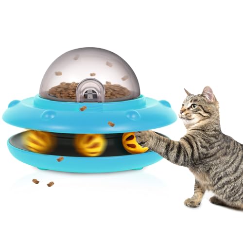 UFO Automatische Katze Langsame Feeder Interative Puzzle Spielzeug, 50g/1.76oz Katzenfutter Spender mit eingebauter wiederaufladbarer Batterie für kleine Haustiere Hund Indoor für Trockenfutter (Blau) von PHNIXGAM