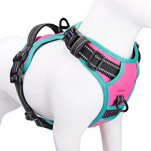 PHOEPET 2019 Anti-Zieh-Hundegeschirr, verbessert, reflektierend, verstellbar, mit Trainingsgriff, 2 Metall-Leinenhaken, 3 Schnappschnallen, 4 Schiebeschnallen (XS, Rosa) von PHOEPET