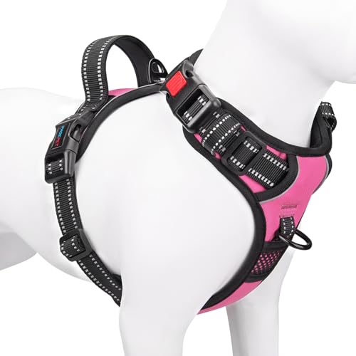 PHOEPET Hundegeschirr ohne Zug für kleine Hunde, reflektierende, verstellbare Front-Clip-Weste mit Griff, 2 Metallringe, 3 Schnallen [leicht an- und auszuziehen] (S, Rosa) von PHOEPET