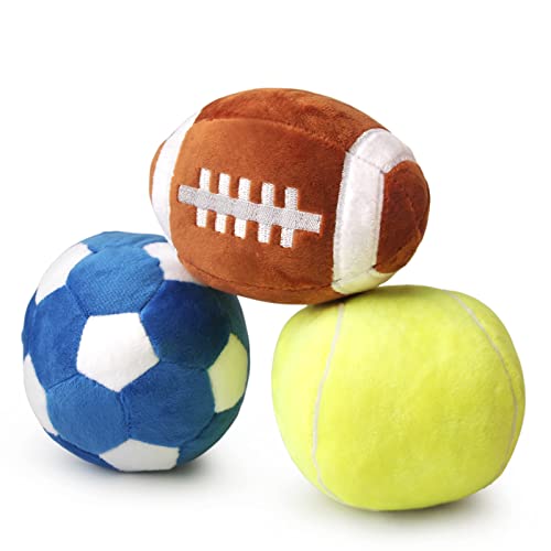 3 Stück Hundespielzeug für mittlere Hunde,Welpen spielzeug für kleine hunde,Rugby ball, Fußball und Tennisbälle für Hunde, gefüllt mit flauschigem Quietsch-Hundespielzeug, Welpenspielzeug für draußen von PIANG GOUER