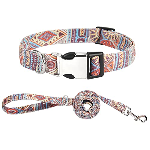 Piang Gouer Hundehalsband und Leine Set，Vintage Bohemian Haustierhalsband mit Metallschnalle Größenverstellbare Katzenhalsband für kleine mittelgroße Hunde(Orange-M) von PIANG GOUER