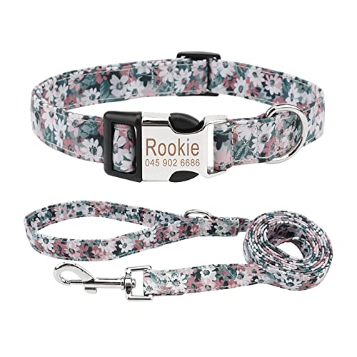 Piang Gouer Individuelle Hundehalsbänder und Leine Set，Kostenlose Gravur Haustiername und Telefonnummer Retro Pastoral Flower Verstellbare Hundehalsbänder für kleine mittelgroße Hunde(Stil B-L) von PIANG GOUER