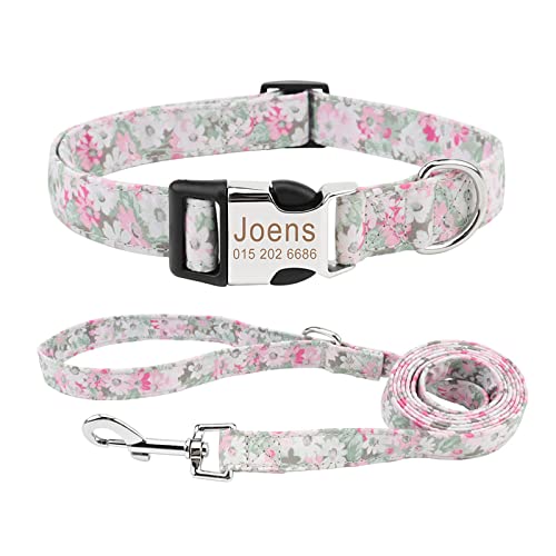 Piang Gouer Individuelle Hundehalsbänder und Leine Set，Kostenlose Gravur Haustiername und Telefonnummer Retro Pastoral Flower Verstellbare Hundehalsbänder für kleine mittelgroße Hunde(Stil C-S) von PIANG GOUER