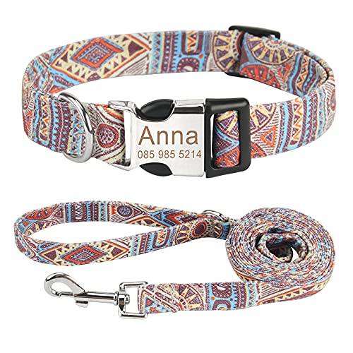 Piang Gouer Personalisierte Hundehalsband Vintage Böhmen Haustierhalsband Benutzerdefinierter Name und Telefonnummer Hundehalsband Tag Katzenhalsbänder für kleine mittelgroße Hunde(Orange-Set-M) von PIANG GOUER