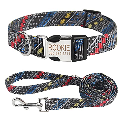 Piang Gouer Personalisierte Hundehalsband Vintage Böhmen Haustierhalsband Benutzerdefinierter Name und Telefonnummer Hundehalsband Tag Katzenhalsbänder für kleine mittelgroße Hunde(Blau-Set-S) von PIANG GOUER