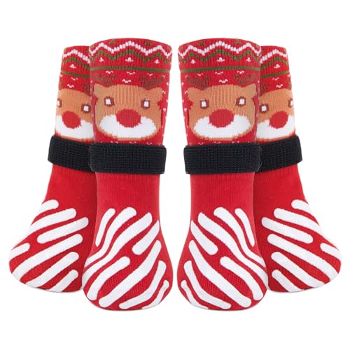 PICK FOR LIFE Doppelseitige Antirutsch-Hundesocken, 2 Paar Verstellbarer Pfotenschutz für Hunde mit Klettverschluss, weihnachtliche Hundesocken für den Innenbereich auf Hartholzböden von PICK FOR LIFE