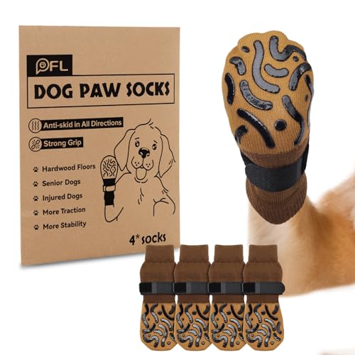 Rutschfeste Hundesocken, Pfotenschutz mit Griffen, starke Traktion, verstellbare Hundestiefel, Hundeschuhe für ältere Hunde, Hartholzböden, Spaziergänge im Innenbereich (Braun, M) von PICK FOR LIFE