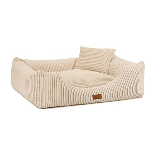 PIESIEKSOLANDIA Oaza Hundebett mit Rand, Haustierbett, Bett, Bodenbett, Hundekissen, Hundesofa, Katzenbett, Hundekörbchen, Hundecouch, Hundekorb, Weich, Textil, Rechteckig (80x70, Gerippt/Creme) von PIESIEKSOLANDIA