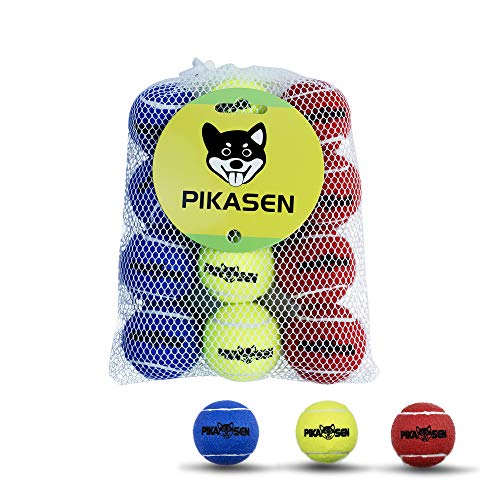 PIKASEN Quietschende Tennisbälle für Hunde, in 3 Größen, hochwertig, robust, für Training, Spielen, Übungen, für Hunde, Rot, Gelb, Blau, 12 Stück von PIKASEN