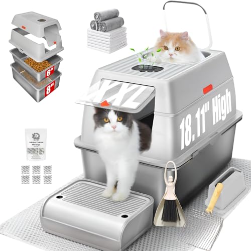 Vollständig geschlossene Edelstahl-Katzentoilette mit Deckel, 20,3 cm tiefe Pfanne, XXL große Edelstahl-Katzentoilette für große Katze mit Schaufel, Trittbrett, Matte, Bürste, geruchsfrei Vollständig geschlossene Edelstahl-Katzentoilette mit Deckel, 20,3 cm tiefe Pfanne, XXL große Edelstahl-Katzentoilette für große Katze mit Schaufel, Trittbrett, Matte, Bürste, geruchsfrei von PINENEST