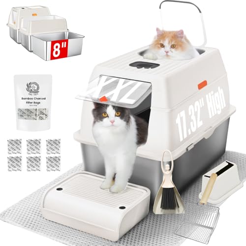 Vollständig geschlossene Edelstahl-Katzentoilette mit Deckel, 20,3 cm tiefe Pfanne, XXL große Edelstahl-Katzentoilette für große Katze mit Schaufel, Trittbrett, Matte, Bürste, geruchsfrei von PINENEST