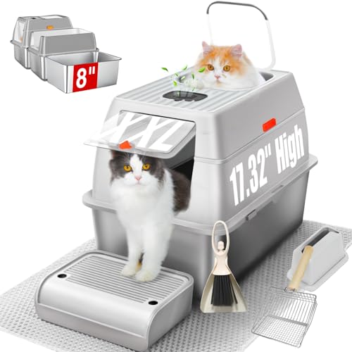 XXL Katzentoilette aus Edelstahl mit Deckel, 20,3 cm Bodenwanne, extra groß für große Katzen, Schaufel, Trittbrett, Katzentoilette, Bürste, Anti-Leck, antihaftbeschichtet, leicht zu reinigen von PINENEST