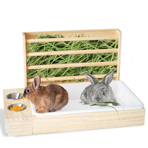 PINVNBY 3-in-1 Kaninchen-Heu-Futterstation mit Katzentoilette, Holz-Kaninchentoilette mit Heu-Futterstation für Hasen, Heu, mit Toilette und Schalen, Kombi, Kleintier-Heuhalter für Chinchillas, von PINVNBY
