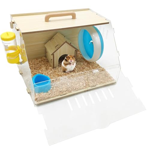 PINVNBY Acryl Hamsterkäfig Holz Kleintierkäfig mit Laufrad Wasserflasche Futterbecken Hamsterhaus Hamster Reisetrage Tragetasche für Rennmäuse Mäuse Zwerghamster PINVNBY Acryl Hamsterkäfig Holz Kleintierkäfig mit Laufrad Wasserflasche Futterbecken Hamsterhaus Hamster Reisetrage Tragetasche für Rennmäuse Mäuse Zwerghamster von PINVNBY