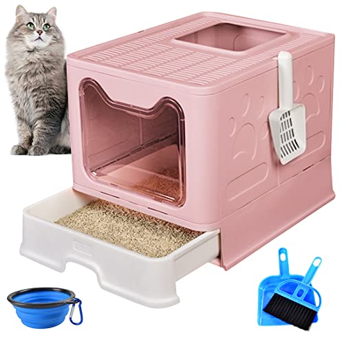 PINVNBY Große, faltbare Katzentoilette mit Schublade, geschlossen, Katzentöpfchen-Tablett mit Deckel, Eingangs-Toilette, kein Geruch, Kätzchen-WC (Pink) von PINVNBY