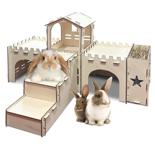 PINVNBY Hasenhaus aus Holz, extra großes Meerschweinchenschloss mit Heu-Futterspender, abnehmbares Kaninchenversteck für Kleintiere, Hamster, Chinchillas, Klettern, Spiel-Hütte PINVNBY Hasenhaus aus Holz, extra großes Meerschweinchenschloss mit Heu-Futterspender, abnehmbares Kaninchenversteck für Kleintiere, Hamster, Chinchillas, Klettern, Spiel-Hütte von PINVNBY