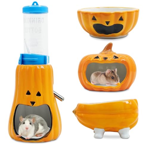 PINVNBY Keramik-Hamsterversteck für Hamster, Futternapf, Badezimmer und Nagetier-Wasserflasche mit Ständer, Keramik-Kürbis-Hamsterkäfig, Zubehör für Zwerg-, Campbell-, Rennmäuse (5 Stück) von PINVNBY