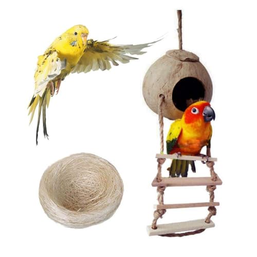 PINVNBY Kokosnuss Vogelnest Hütte mit Leiter, Kokosnuss Versteck Unzertrennliche Haus hängende Spielzeug für Wellensittiche Sittich Nymphensittiche Sittich Kanarienvogel Fink Taube (mit natürlichen Ko von PINVNBY