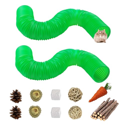 PINVNBY Kunststoff-Tunnel für Hamster, Meerschweinchen, Tunnel mit 10 Kauspielzeugen, zusammenklappbar, Frettchen-Versteck für Kleintiere, Käfigzubehör für Maus, Ratten, Rennmäuse, Ratten, Mäuse, Grün von PINVNBY