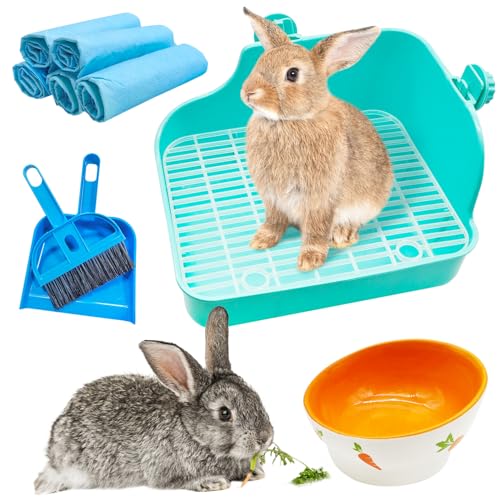 PINVNBY Mehrzweck Kunststoff Kaninchen Katzentoilette Set, 5 Einweg Haustier Pads, Mini Besen & Kehrschaufel, Keramik Kaninchen Futternapf - Ideal für Kaninchen, Meerschweinchen von PINVNBY