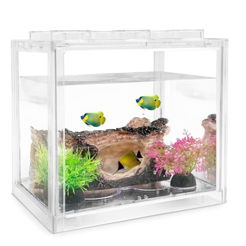 PINVNBY Mini Betta Aquarium-Set, stapelbar, kleines Aquarium, 1,8 l, niedliches Fischglas mit 2 künstlichen Pflanzen und Dekorationen, Höhle für kleine Fische, Garnelen, Krabbenschnecken von PINVNBY