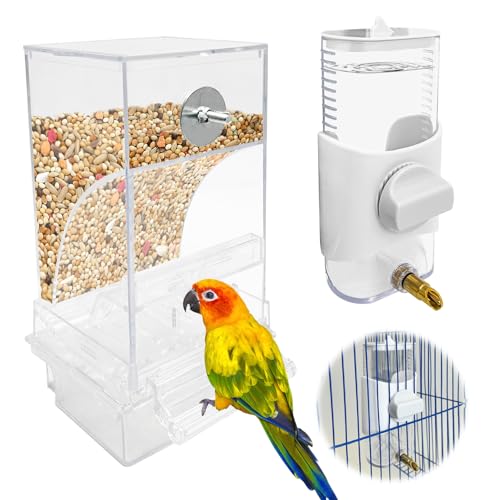 PINVNBY No Mess Vogelfutterstation & Wasserspender Set Automatischer Papageien-Futterspender Transparent Lebensmittelbehälter Trinker Sittich Käfig Zubehör für Nymphensittiche Wellensittiche Lovebird von PINVNBY