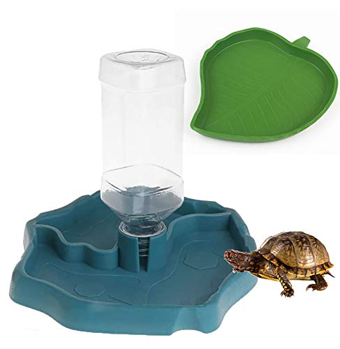 PINVNBY Reptilien-Futternapf 2-in-1 Futterschale Automatischer Spender Schildkröten-Futterspender Wasserspender mit Blattteller für Eidechsen, Schildkröten, Gecko, Chamäleon, 2 Stück (blau) von PINVNBY