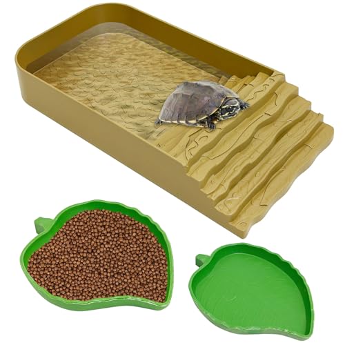 PINVNBY Schildkröten-Futterschale aus Kunststoff mit Rampe, Blatt, Reptilien-Futterschale und Wassernapf, Schildkröten-Lebensraum, Zubehör für Frosch, Eidechse, Box, Schildkröte, Gelb, 3 Stück von PINVNBY