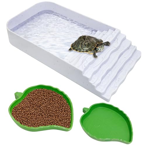 PINVNBY Schildkröten-Futterschale aus Kunststoff mit Rampe, Blatt, Reptilien-Futterschale und Wassernapf, Schildkröten-Lebensraum, Zubehör für Frosch, Eidechse, Box, Schildkröte, Weiß, 3 Stück von PINVNBY
