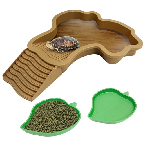 PINVNBY Schildkröten-Futterschale mit Rampe und Sonnenplattform, Blattschildkröte, Wassernapf, Reptilien-Wasserschale, Schildkröte, Reptilien-Pool für Amphibien, Gelb, 3 Stück von PINVNBY