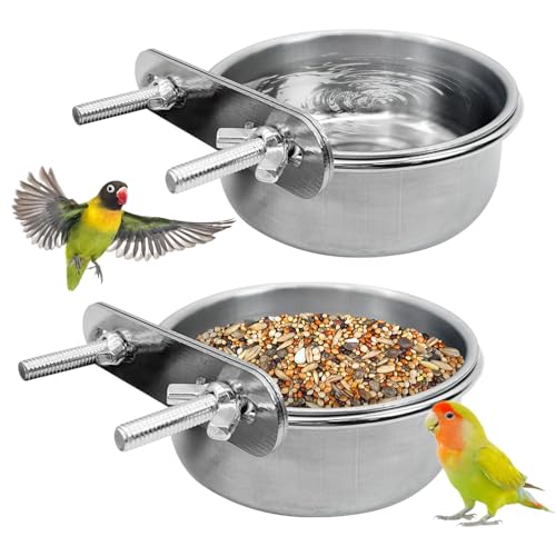 PINVNBY Vogelnapf aus Edelstahl für Papageien, Futter und Wasser mit Klemmhalter, Vogelfutterstation, Schalen für Nymphensittiche, Tauben, Wellensittiche, afrikanische Graupapageien, 2 Stück von PINVNBY