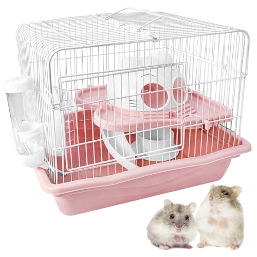 PINVNBY Zwerghamsterkäfig, Kleintierkäfig, 2-stöckig, Reise-Mauskäfig, Hamstertrage mit Schlosshaus, Laufrädern, Wasserflasche und Futter-Dis, Rosa PINVNBY Zwerghamsterkäfig, Kleintierkäfig, 2-stöckig, Reise-Mauskäfig, Hamstertrage mit Schlosshaus, Laufrädern, Wasserflasche und Futter-Dis, Rosa von PINVNBY