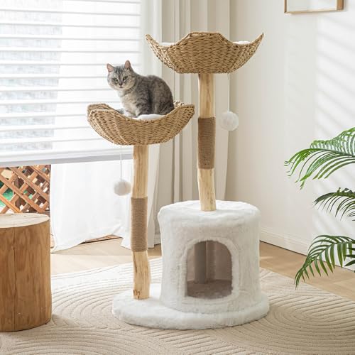 PISARRY Moderner Katzenbaum für Indoor-Katzen, Groß, 116,8 cm hoch, Holz-Kratzbaum für große Katzen mit Kratzbaum, luxuriöse Katzenhütte, Weiß von PISARRY