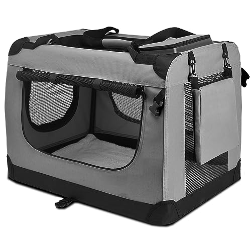 PISPETS Transportbox für Haustiere Hunde und Katzen, 70x50x52cm, Klappbarer Transporttasche - Träger und Käfig in einem (Hellgrau) von PISPETS