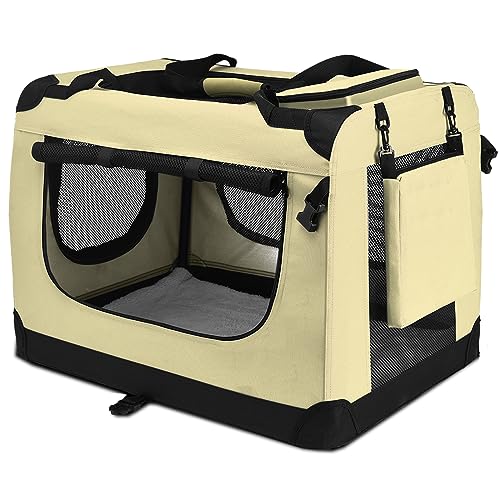 PISPETS Transportbox für Haustiere Hunde und Katzen, 70x50x52cm, Klappbarer Transporttasche - Träger und Käfig in einem (Beige) von PISPETS