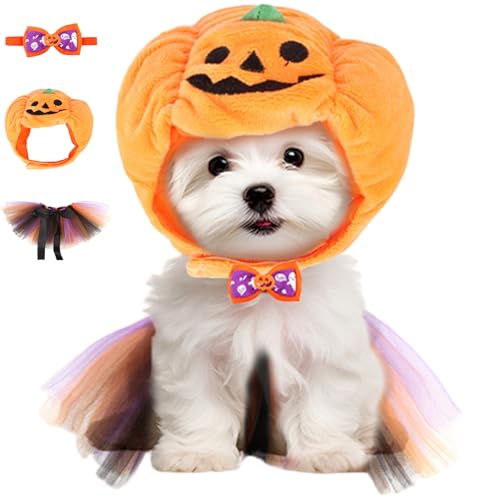 3pcs/Set Cat Halloween Kostüme, niedliche Kürbishüte für Katzenhunde mit Fliege und Mesh Lätzchen, Accessoires für Halloweendog Halloween -Kostüm von PIUpiuLIANG