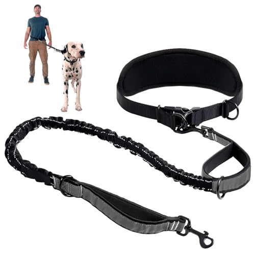 Joggingleine Hunde, Freihandleine Hund, Hundeleine Große Hund, Bauchgurt Hundeleine Zum Joggen Laufen Wandern Mit Dual Griffe, Für Mittelgroße Bis Große Hunde (Schwarz) von PIWOSGOL