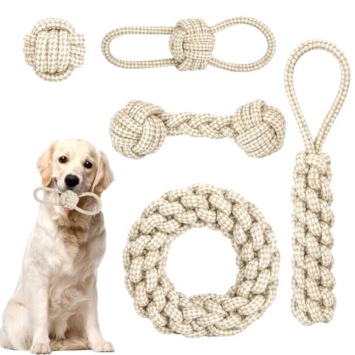 PIWOSGOL 5 Stück Hunde Kauspielzeug Seil, Geflochtene Hundeseile Spielzeug aus Baumwolle & Hanf, Hundespielzeuge Set, Interaktives Kauspielzeug für Welpen, Kleine, Mittelgroße Hunde PIWOSGOL 5 Stück Hunde Kauspielzeug Seil, Geflochtene Hundeseile Spielzeug aus Baumwolle & Hanf, Hundespielzeuge Set, Interaktives Kauspielzeug für Welpen, Kleine, Mittelgroße Hunde von PIWOSGOL