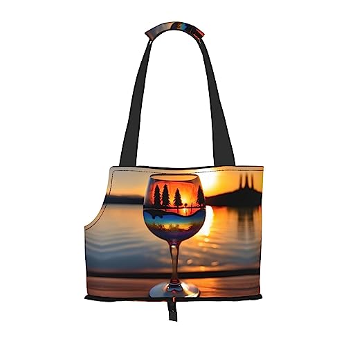 Faltbare Hundetragetasche, Motiv: Sonnenuntergang, Weinglas, geeignet für kleine Hunde und Katzen für Outdoor-Reisen von PIXOLE